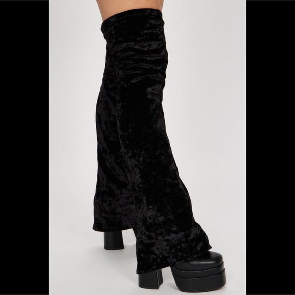 Unique Thigh High Black Velvet Fold over Skirted Chunky Heel Platform Boots - Picture 3 of 17